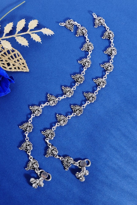 Mero Jewellery Peacock Carved Silver Anklets Set 