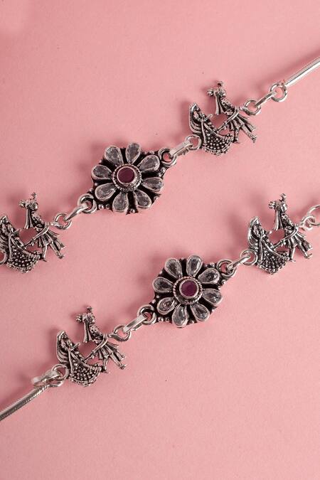 Shop Mero Jewellery Silver Plated Stones Bride Motif Carved Anklets Set at Aza Fashions Shop_Mero Jewellery_Silver Plated Stones Bride Motif Carved Anklets Set_at_Aza_Fashions