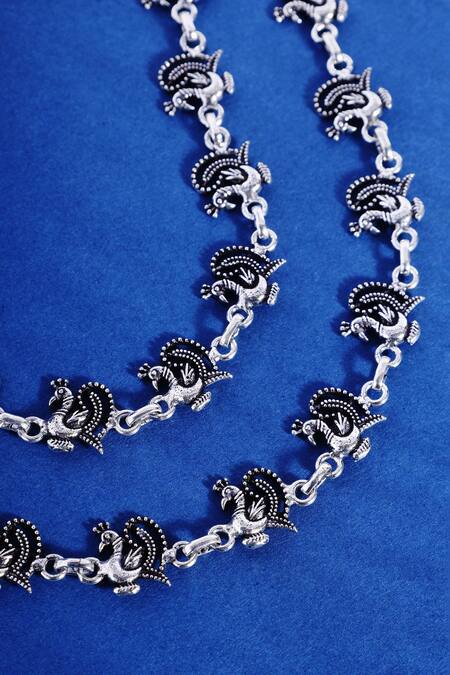 Shop Mero Jewellery Silver Plated Beads Peacock Cutwork Anklet Set at Aza Fashions Shop_Mero Jewellery_Silver Plated Beads Peacock Cutwork Anklet Set_at_Aza_Fashions
