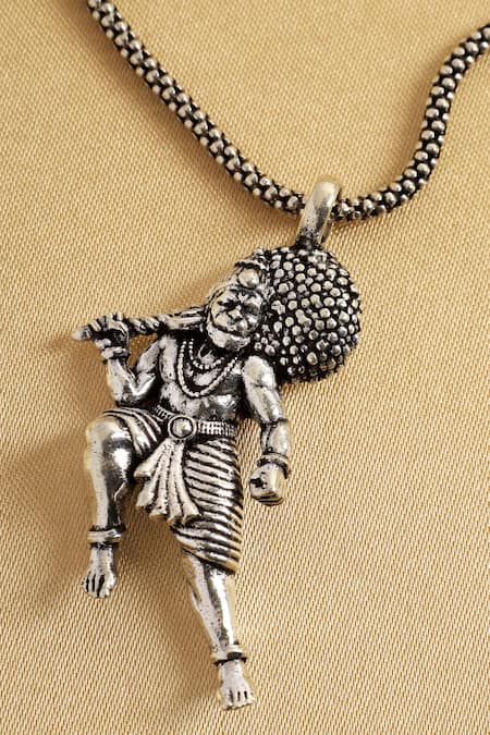 Shop Mero Jewellery Silver Plated 3d Hanuman Carved Pendant Necklace at Aza Fashions Shop_Mero Jewellery_Silver Plated 3d Hanuman Carved Pendant Necklace _at_Aza_Fashions