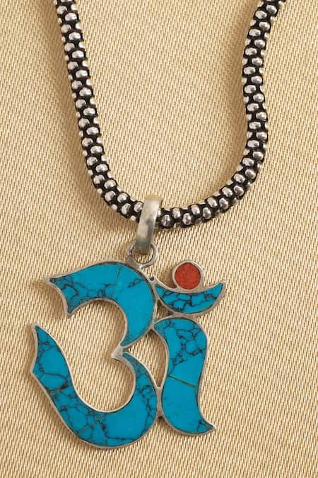 Shop Mero Jewellery Blue Turquoise Stone Om Pendant Necklace at Aza Fashions Shop_Mero Jewellery_Blue Turquoise Stone Om Pendant Necklace _at_Aza_Fashions