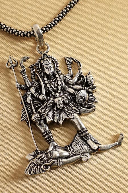 Shop Mero Jewellery Silver Plated 3d Kaali Maa Pendant Necklace at Aza Fashions Shop_Mero Jewellery_Silver Plated 3d Kaali Maa Pendant Necklace _at_Aza_Fashions