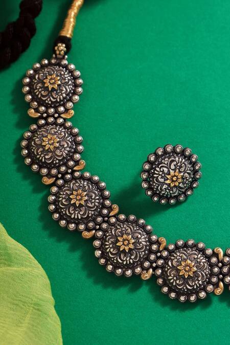 Shop Mero Jewellery Gold Plated Floral Carved Silver Necklace Set at Aza Fashions Shop_Mero Jewellery_Gold Plated Floral Carved Silver Necklace Set_at_Aza_Fashions