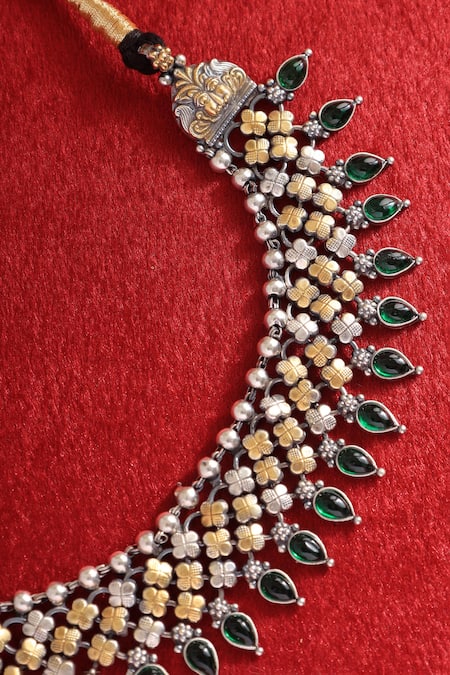 Shop Mero Jewellery Green Floral Jaal Dual Tone Choker at Aza Fashions Shop_Mero Jewellery_Green Floral Jaal Dual Tone Choker _at_Aza_Fashions