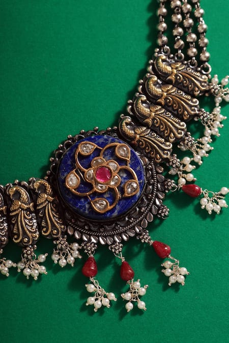 Shop Mero Jewellery Purple Floral Carved Temple Choker at Aza Fashions Shop_Mero Jewellery_Purple Floral Carved Temple Choker _at_Aza_Fashions