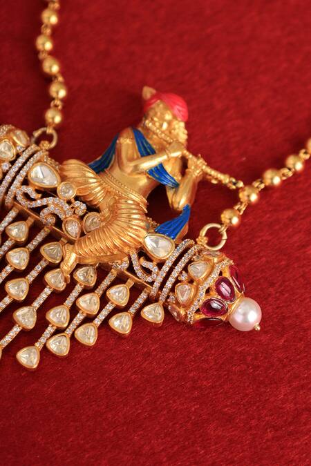 Mero Jewellery_Gold Plated Krishna Carved Pendant Necklace _Online_at_Aza_Fashions