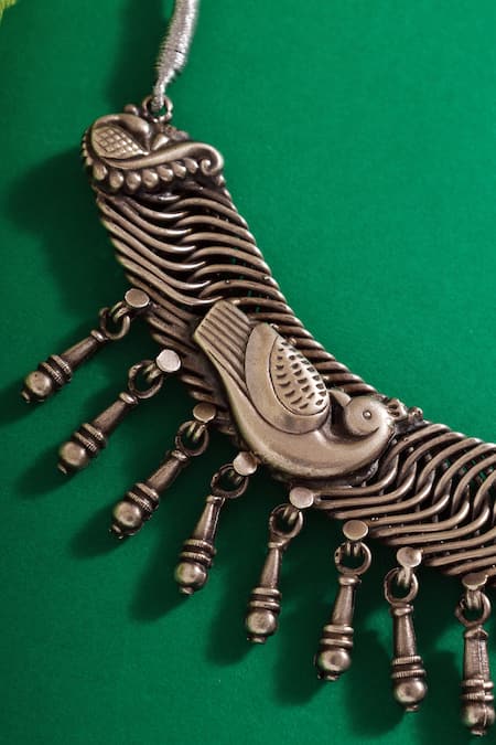 Shop Mero Jewellery Silver Plated Carved Peacock Motif Choker at Aza Fashions Shop_Mero Jewellery_Silver Plated Carved Peacock Motif Choker _at_Aza_Fashions