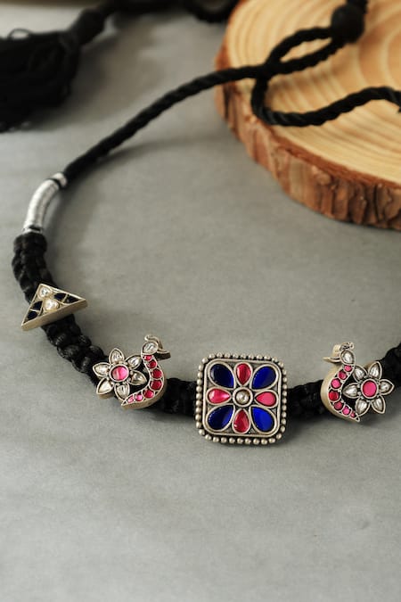 Shop Mero Jewellery Blue Kundan Geometric Floral Choker at Aza Fashions Shop_Mero Jewellery_Blue Kundan Geometric Floral Choker _at_Aza_Fashions