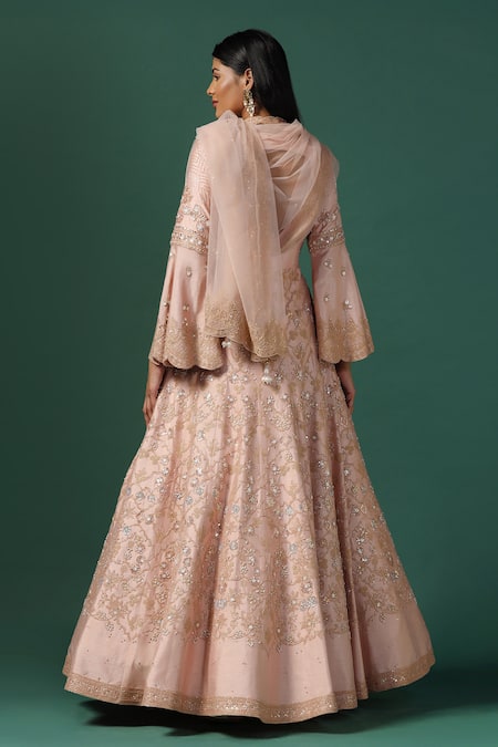 Shop Two Sisters By Gyans Peach Net, Georgette Sequins, Cut Work, Zari Gardenia Embroidered Anarkali Set at Aza Fashions Shop_Two Sisters By Gyans_Peach Net, Georgette Sequins, Cut Work, Zari Gardenia Embroidered Anarkali Set _at_Aza_Fashions