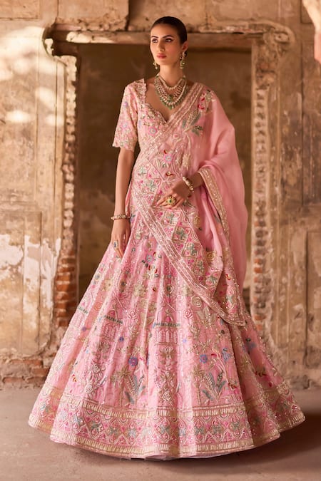 Shop Ronak And Shruti Pink Organza, Net Zari, Crystals, Embroidery Floral Zardozi Bridal Lehenga Set at Aza Fashions Shop_Ronak And Shruti_Pink Organza, Net Zari, Crystals, Embroidery Floral Zardozi Bridal Lehenga Set _at_Aza_Fashions