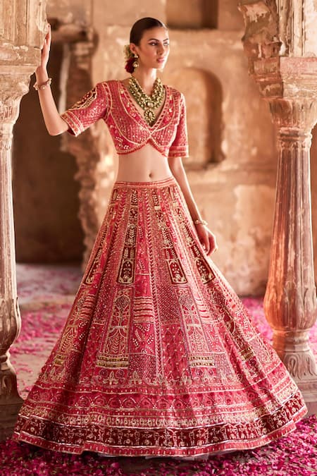 Shop Ronak And Shruti Red Velvet, Linen, Satin Embroidery, Gota Patti 3d Hand Bridal Lehenga Set at Aza Fashions Shop_Ronak And Shruti_Red Velvet, Linen, Satin Embroidery, Gota Patti 3d Hand Bridal Lehenga Set _at_Aza_Fashions