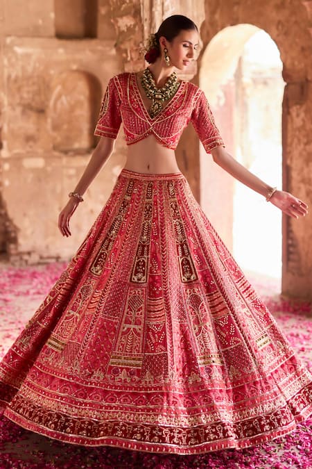 Ronak And Shruti Red Velvet, Linen, Satin Embroidery, Gota Patti 3d Hand Bridal Lehenga Set Online at Aza Fashions Ronak And Shruti_Red Velvet, Linen, Satin Embroidery, Gota Patti 3d Hand Bridal Lehenga Set _Online_at_Aza_Fashions