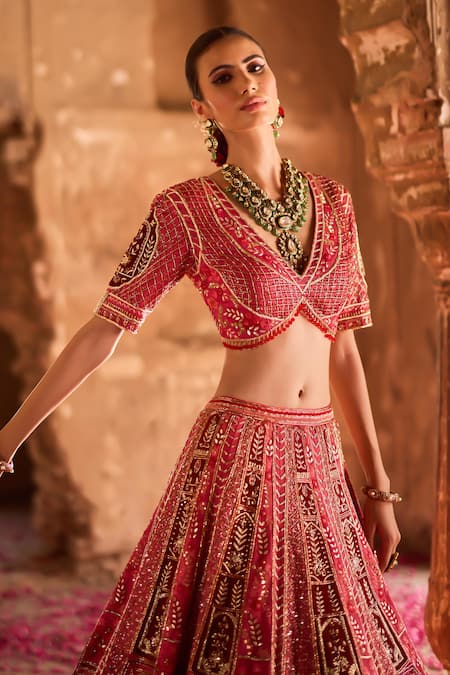 Shop Ronak And Shruti Red Velvet, Linen, Satin Embroidery, Gota Patti 3d Hand Bridal Lehenga Set Online at Aza Fashions Shop_Ronak And Shruti_Red Velvet, Linen, Satin Embroidery, Gota Patti 3d Hand Bridal Lehenga Set _Online_at_Aza_Fashions