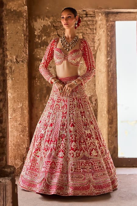 Ronak And Shruti_Red Net, Georgette Pearls, Zari, Embroidery Sweetheart Hand Bridal Lehenga Set _Online_at_Aza_Fashions