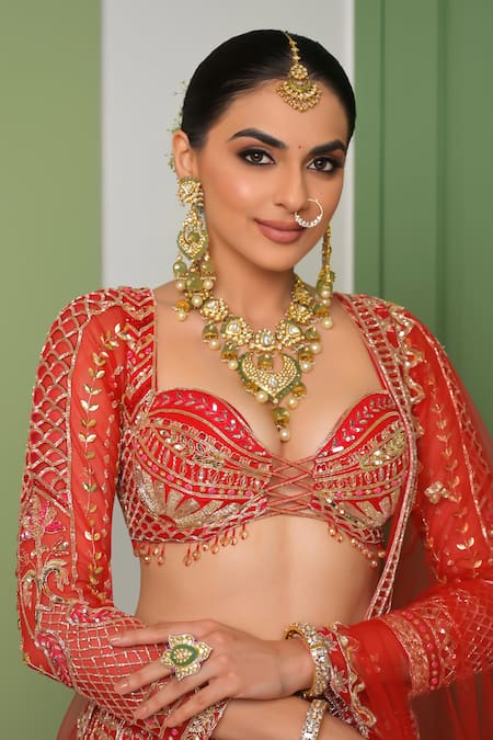 Buy_Ronak And Shruti_Red Net, Georgette Pearls, Zari, Embroidery Sweetheart Hand Bridal Lehenga Set _Online_at_Aza_Fashions