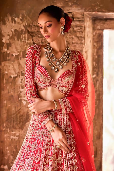 Shop_Ronak And Shruti_Red Net, Georgette Pearls, Zari, Embroidery Sweetheart Hand Bridal Lehenga Set _Online_at_Aza_Fashions