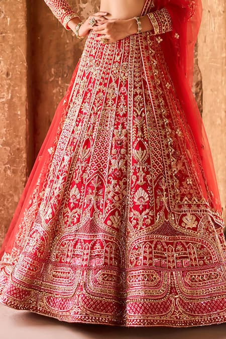 Ronak And Shruti_Red Net, Georgette Pearls, Zari, Embroidery Sweetheart Hand Bridal Lehenga Set _at_Aza_Fashions