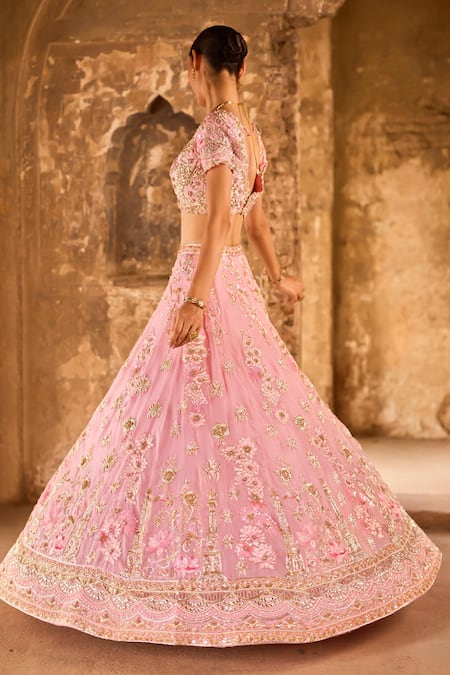 Shop Ronak And Shruti Pink Organza, Silk Crystals, Zari, Beads, Embroidery Floral Hand Lehenga Set at Aza Fashions Shop_Ronak And Shruti_Pink Organza, Silk Crystals, Zari, Beads, Embroidery Floral Hand Lehenga Set _at_Aza_Fashions