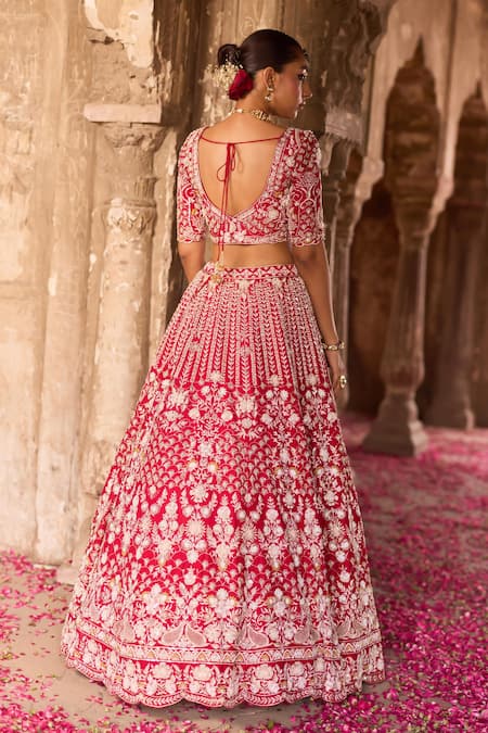 Shop Ronak And Shruti Red Silk, Organza Pearls, Sequins, Zari Crimson Hand Embroidered Lehenga Set at Aza Fashions Shop_Ronak And Shruti_Red Silk, Organza Pearls, Sequins, Zari Crimson Hand Embroidered Lehenga Set _at_Aza_Fashions