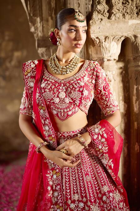 Ronak And Shruti Red Silk, Organza Pearls, Sequins, Zari Crimson Hand Embroidered Lehenga Set Online at Aza Fashions Ronak And Shruti_Red Silk, Organza Pearls, Sequins, Zari Crimson Hand Embroidered Lehenga Set _Online_at_Aza_Fashions