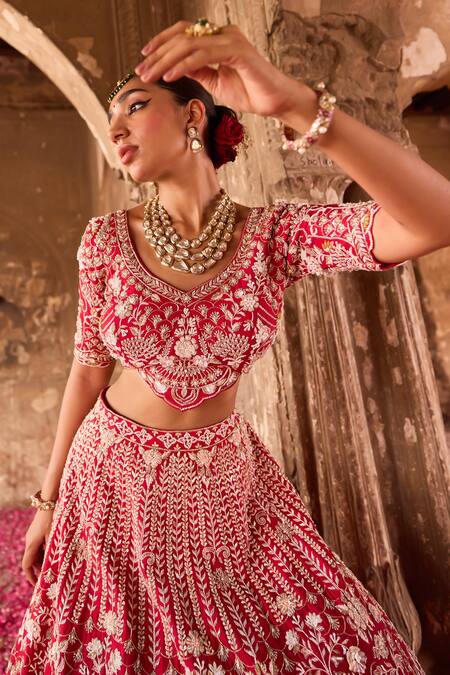 Shop Ronak And Shruti Red Silk, Organza Pearls, Sequins, Zari Crimson Hand Embroidered Lehenga Set Online at Aza Fashions Shop_Ronak And Shruti_Red Silk, Organza Pearls, Sequins, Zari Crimson Hand Embroidered Lehenga Set _Online_at_Aza_Fashions