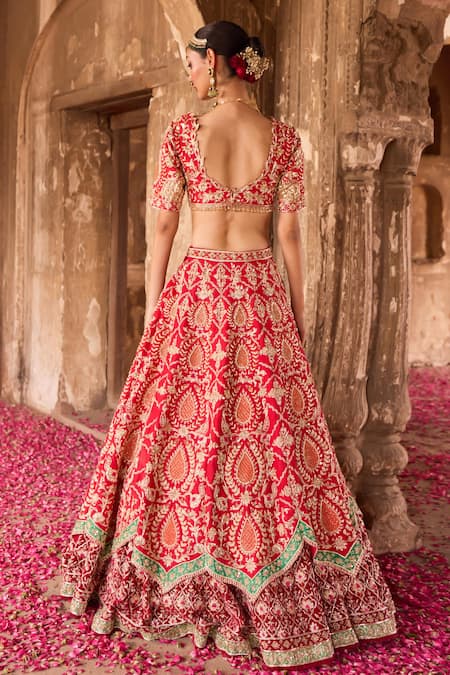 Shop Ronak And Shruti Red Silk, Velvet, Net Sequins, Gota Patti, Double Layered Bridal Lehenga Set at Aza Fashions Shop_Ronak And Shruti_Red Silk, Velvet, Net Sequins, Gota Patti, Double Layered Bridal Lehenga Set _at_Aza_Fashions