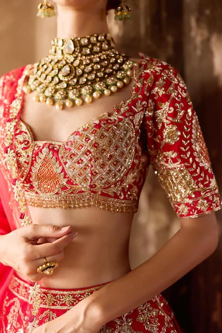 Ronak And Shruti Red Silk, Velvet, Net Sequins, Gota Patti, Double Layered Bridal Lehenga Set Online at Aza Fashions Ronak And Shruti_Red Silk, Velvet, Net Sequins, Gota Patti, Double Layered Bridal Lehenga Set _Online_at_Aza_Fashions