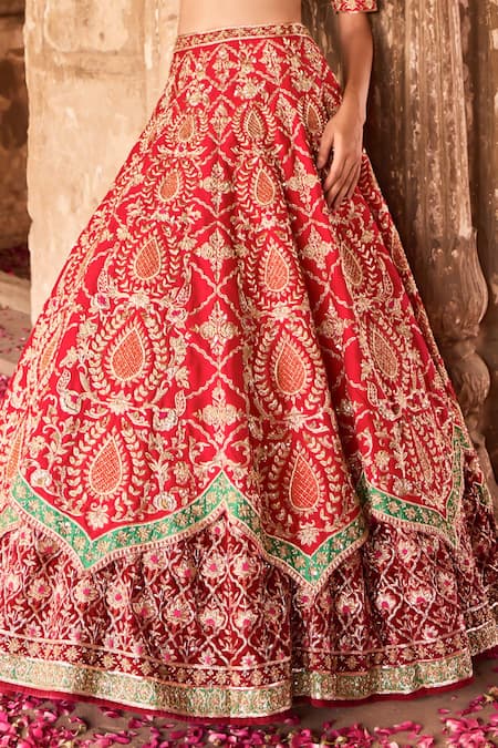 Buy Ronak And Shruti Red Silk, Velvet, Net Sequins, Gota Patti, Double Layered Bridal Lehenga Set Online at Aza Fashions Buy_Ronak And Shruti_Red Silk, Velvet, Net Sequins, Gota Patti, Double Layered Bridal Lehenga Set _Online_at_Aza_Fashions