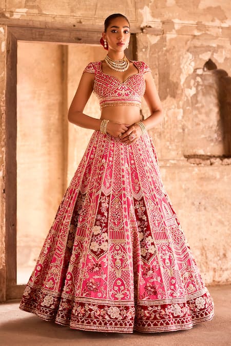 Buy_Ronak And Shruti_Pink Silk Organza, Linen Zari, Embroidery, Floral Zardozi Bridal Lehenga Set _Online_at_Aza_Fashions