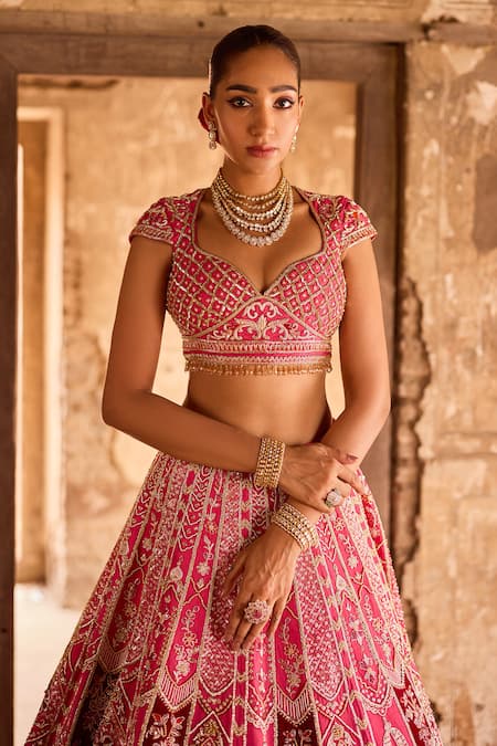 Shop_Ronak And Shruti_Pink Silk Organza, Linen Zari, Embroidery, Floral Zardozi Bridal Lehenga Set _Online_at_Aza_Fashions