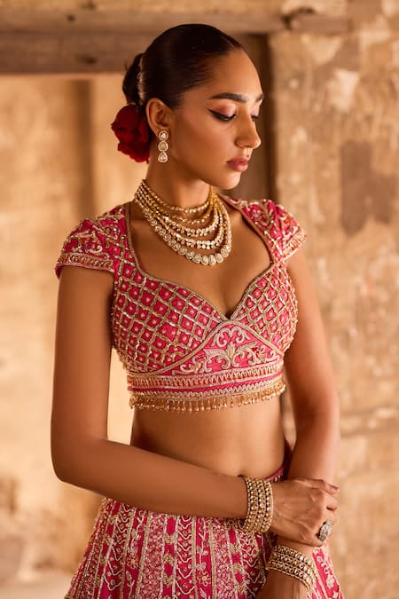 Ronak And Shruti_Pink Silk Organza, Linen Zari, Embroidery, Floral Zardozi Bridal Lehenga Set _at_Aza_Fashions
