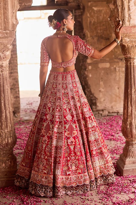 Shop Ronak And Shruti Red Silk, Tissue Embroidery, Zari, Sequins Sweetheart Hand Bridal Lehenga Set at Aza Fashions Shop_Ronak And Shruti_Red Silk, Tissue Embroidery, Zari, Sequins Sweetheart Hand Bridal Lehenga Set _at_Aza_Fashions