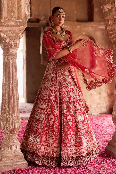 Shop Ronak And Shruti Red Silk, Tissue Embroidery, Zari, Sequins Sweetheart Hand Bridal Lehenga Set Online at Aza Fashions Shop_Ronak And Shruti_Red Silk, Tissue Embroidery, Zari, Sequins Sweetheart Hand Bridal Lehenga Set _Online_at_Aza_Fashions