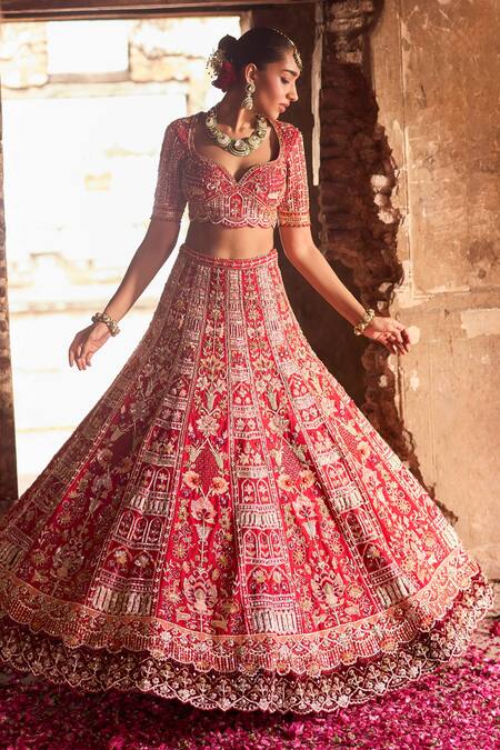 Ronak And Shruti Red Silk, Tissue Embroidery, Zari, Sequins Sweetheart Hand Bridal Lehenga Set at Aza Fashions Ronak And Shruti_Red Silk, Tissue Embroidery, Zari, Sequins Sweetheart Hand Bridal Lehenga Set _at_Aza_Fashions