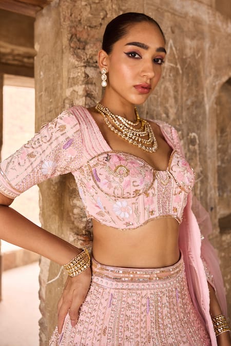 Shop Ronak And Shruti Pink Linen, Net Embroidery, Sequins, Crystals Flamingo Bridal Lehenga Set Online at Aza Fashions Shop_Ronak And Shruti_Pink Linen, Net Embroidery, Sequins, Crystals Flamingo Bridal Lehenga Set _Online_at_Aza_Fashions