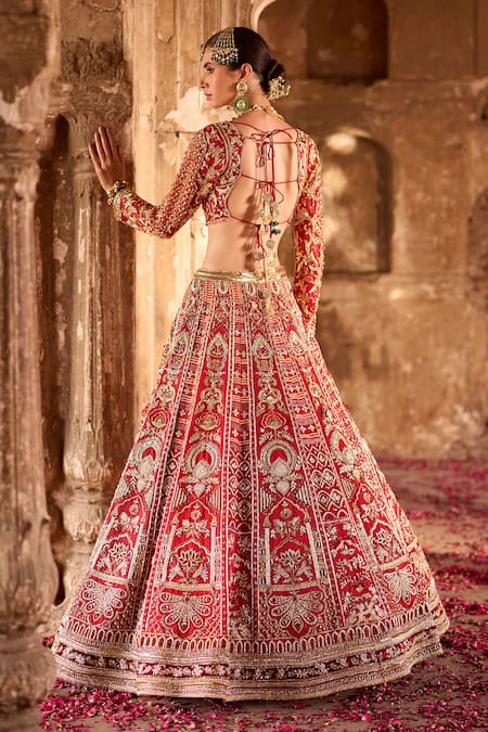 Shop Ronak And Shruti Red Linen, Net Crystals, Beads, Zardozi Hand Embroidered Bridal Lehenga Set at Aza Fashions Shop_Ronak And Shruti_Red Linen, Net Crystals, Beads, Zardozi Hand Embroidered Bridal Lehenga Set _at_Aza_Fashions