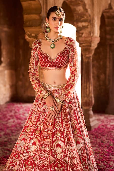 Ronak And Shruti Red Linen, Net Crystals, Beads, Zardozi Hand Embroidered Bridal Lehenga Set Online at Aza Fashions Ronak And Shruti_Red Linen, Net Crystals, Beads, Zardozi Hand Embroidered Bridal Lehenga Set _Online_at_Aza_Fashions