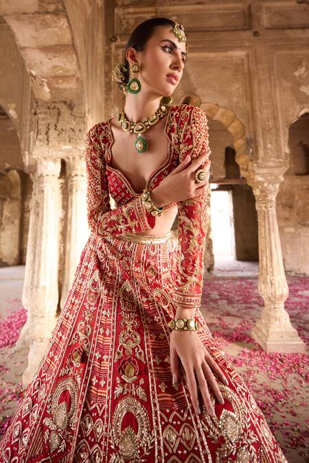 Buy Ronak And Shruti Red Linen, Net Crystals, Beads, Zardozi Hand Embroidered Bridal Lehenga Set Buy_Ronak And Shruti_Red Linen, Net Crystals, Beads, Zardozi Hand Embroidered Bridal Lehenga Set