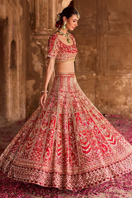 Ronak And Shruti_Red Silk Organza, Linen Zari, Embroidery Floral Zardozi Bridal Lehenga Set _at_Aza_Fashions