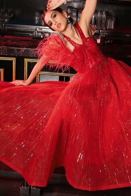 Ronak And Shruti Red Net Sequins Halter Neck Crystal Embellished Gown Online at Aza Fashions Ronak And Shruti_Red Net Sequins Halter Neck Crystal Embellished Gown _Online_at_Aza_Fashions