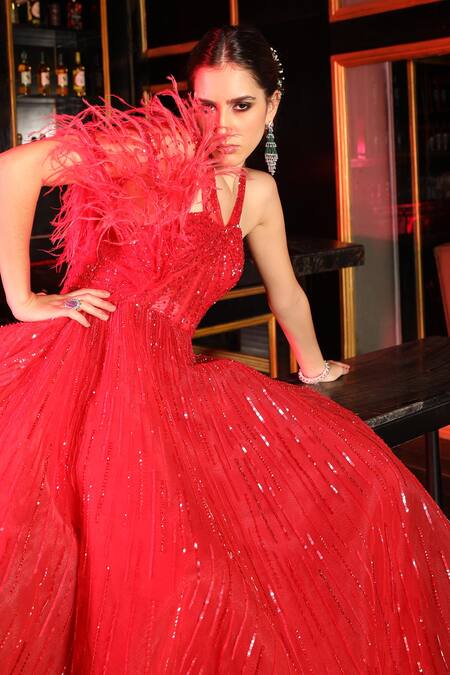 Ronak And Shruti Red Net Sequins Halter Neck Crystal Embellished Gown at Aza Fashions Ronak And Shruti_Red Net Sequins Halter Neck Crystal Embellished Gown _at_Aza_Fashions