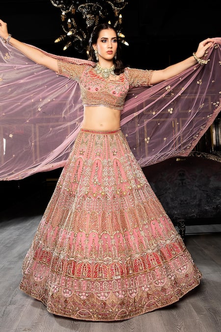 Shop Ronak And Shruti Pink Organza, Net Embroidery, Sequins, Cut Work, Zardozi Bridal Lehenga Set at Aza Fashions Shop_Ronak And Shruti_Pink Organza, Net Embroidery, Sequins, Cut Work, Zardozi Bridal Lehenga Set _at_Aza_Fashions