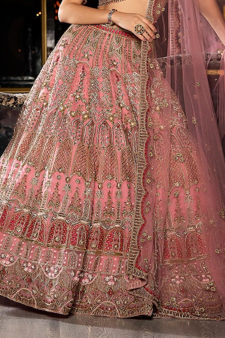 Shop Ronak And Shruti Pink Organza, Net Embroidery, Sequins, Cut Work, Zardozi Bridal Lehenga Set Online at Aza Fashions Shop_Ronak And Shruti_Pink Organza, Net Embroidery, Sequins, Cut Work, Zardozi Bridal Lehenga Set _Online_at_Aza_Fashions