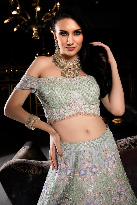 Ronak And Shruti Green Organza Embroidery, Beads, Crystals Sea Embellished Lehenga And Blouse Set Online at Aza Fashions Ronak And Shruti_Green Organza Embroidery, Beads, Crystals Sea Embellished Lehenga And Blouse Set _Online_at_Aza_Fashions