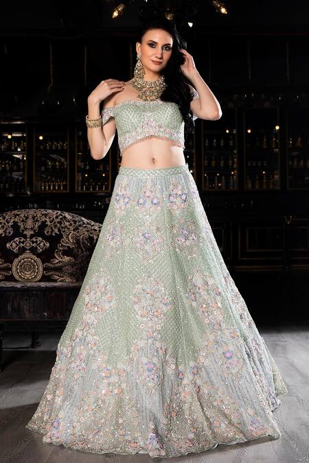 Shop Ronak And Shruti Green Organza Embroidery, Beads, Crystals Sea Embellished Lehenga And Blouse Set Online at Aza Fashions Shop_Ronak And Shruti_Green Organza Embroidery, Beads, Crystals Sea Embellished Lehenga And Blouse Set _Online_at_Aza_Fashions