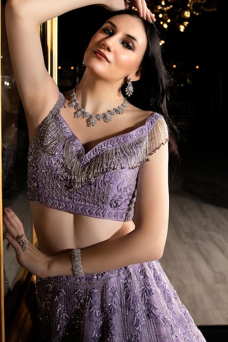 Ronak And Shruti_Purple Net, Organza Tassels, Cut Work, Sequins, Beads Floral Cutdana Lehenga Set _Online_at_Aza_Fashions