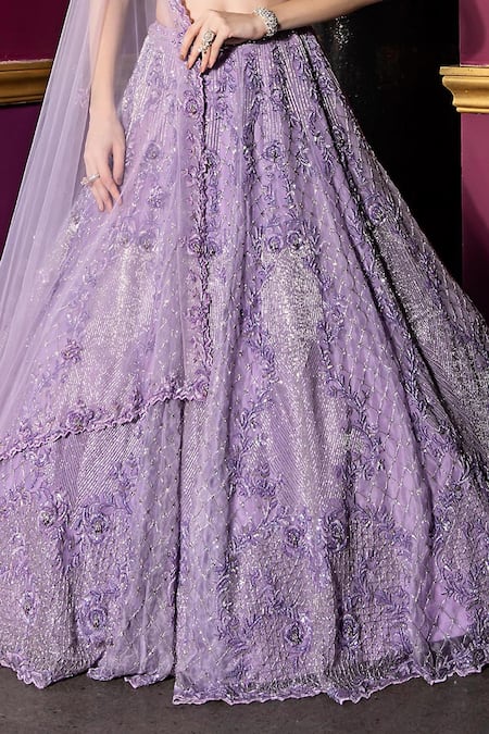 Buy_Ronak And Shruti_Purple Net, Organza Tassels, Cut Work, Sequins, Beads Floral Cutdana Lehenga Set _Online_at_Aza_Fashions