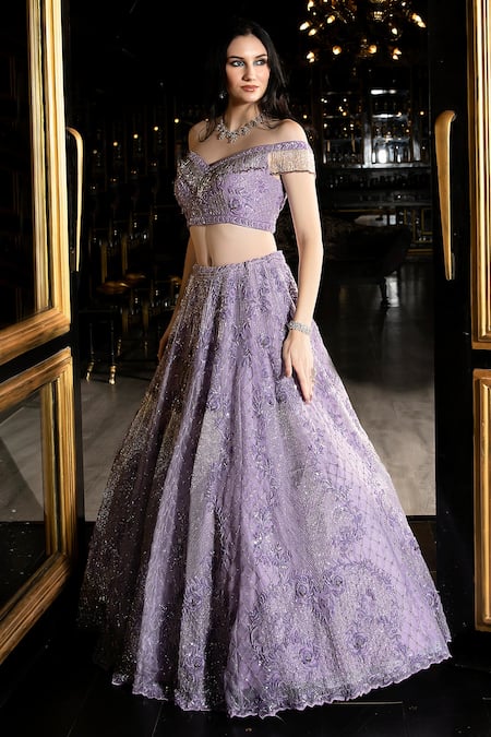 Shop_Ronak And Shruti_Purple Net, Organza Tassels, Cut Work, Sequins, Beads Floral Cutdana Lehenga Set _Online_at_Aza_Fashions