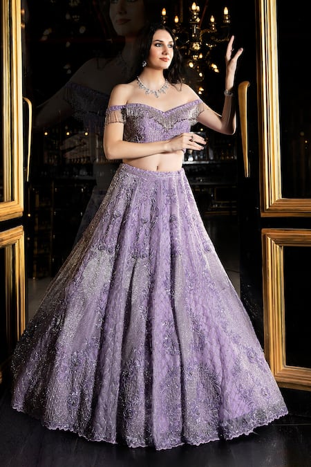 Ronak And Shruti_Purple Net, Organza Tassels, Cut Work, Sequins, Beads Floral Cutdana Lehenga Set _at_Aza_Fashions