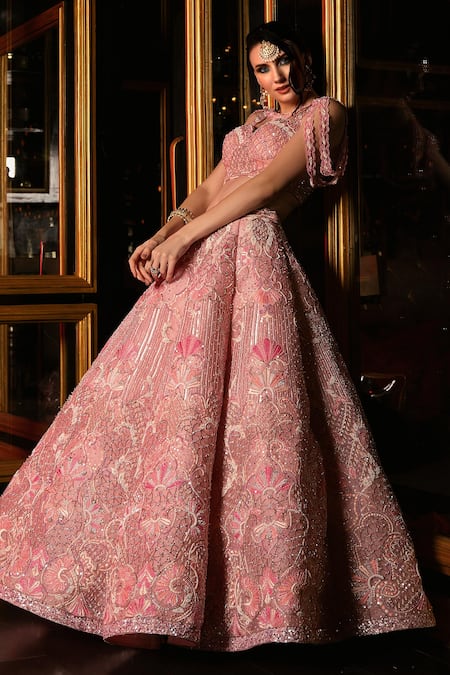 Shop Ronak And Shruti Pink Organza, Net Tassels Sweetheart Geometric Embroidered Blouse Lehenga Set at Aza Fashions Shop_Ronak And Shruti_Pink Organza, Net Tassels Sweetheart Geometric Embroidered Blouse Lehenga Set _at_Aza_Fashions